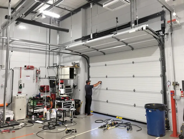 Barrington Garage Door Repair certified technician performing commercial door repair at a Barrington business facility
