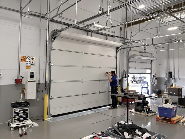 Commercial garage door repair being performed by Barrington Garage Door Repair expert in Barrington