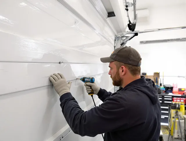 Barrington Garage Door Repair technician demonstrating precision dent removal techniques on a Barrington garage door