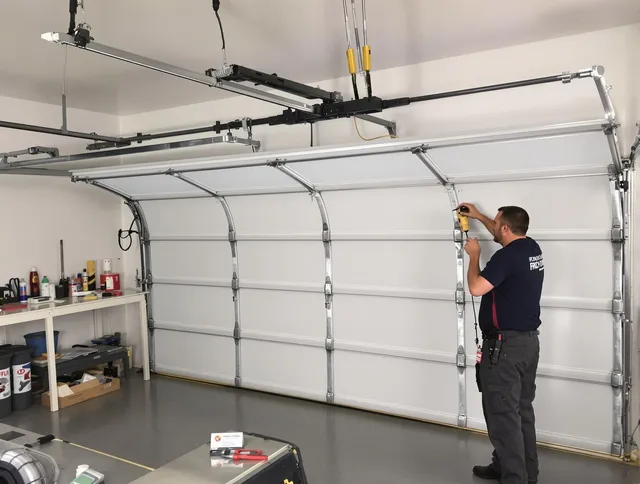 Barrington Garage Door Repair certified technician performing overhead door system repair in Barrington