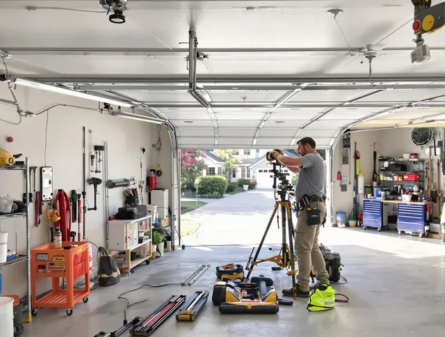 Barrington Garage Door Repair specialist performing laser-guided track alignment in Barrington